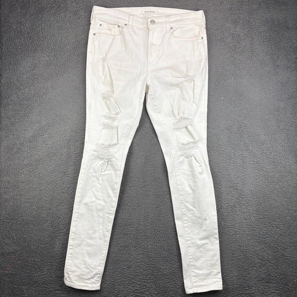 PacSun Mens Stacked Skinny Distressed Jeans White 32x32 Ripped Denim